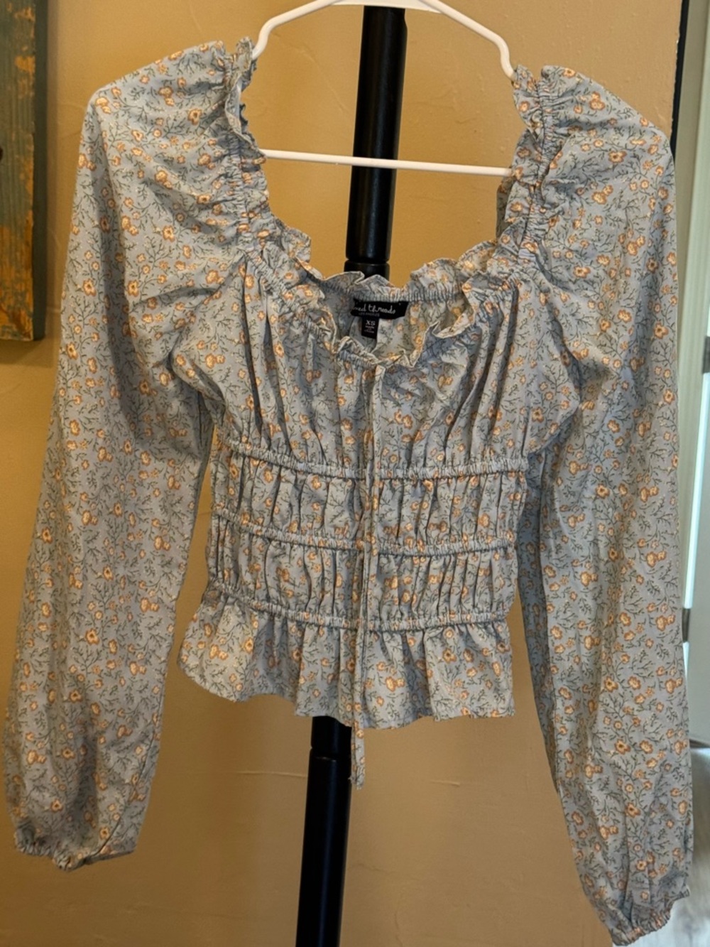 Universal Threads Light Blue Floral Smocked Long-Sleeve crop Top sz XS